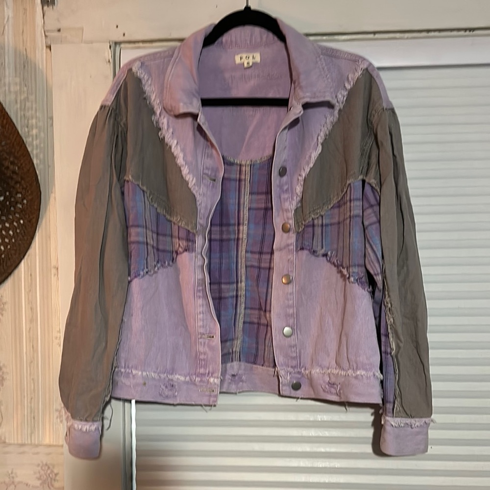 POL Purple and Gray Jean Jacket with Plaid Accents